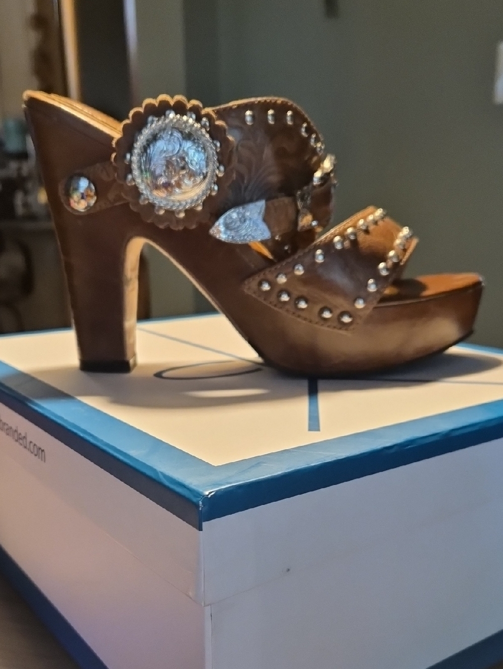 Brown Studded Platform Sandal with Decorative Concho